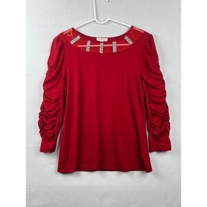 Como Blu Rhinestone Mesh Neck Ruched Sleeve Top Womens Medium CS13476BLU Red